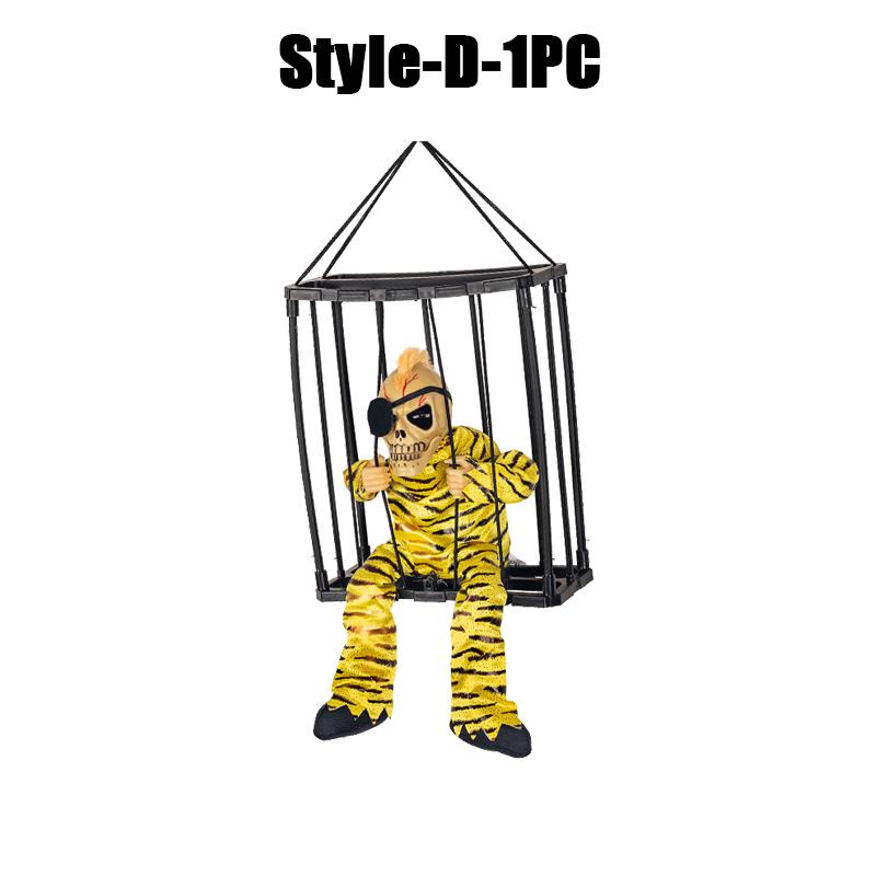 Halloween Prisoner Ghost In Cage Scary Skull Prop Skeleton Electric Toy Glowing Eye Sound Doll Hangable Talking Ghost Decoration