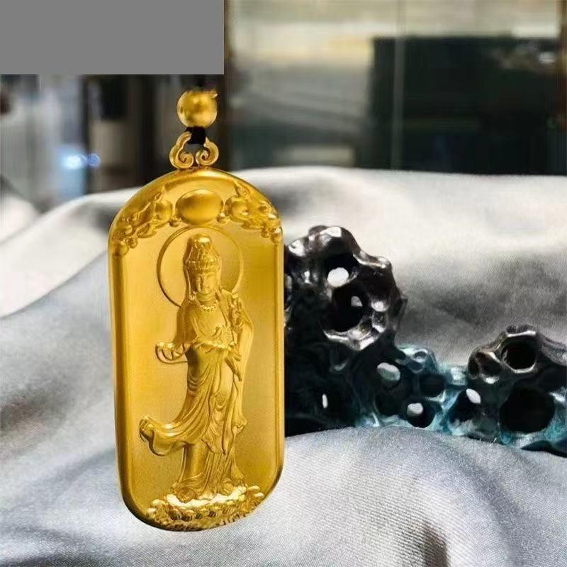 Golden Hannya Kannon Pendant Necklace - Unisex Buddha Heart Sutra Pendant for Safety and Serenity.