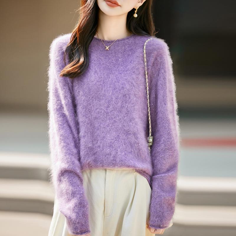 Women's Round Neck Loose Fleece Wool Sweater with Rolled Hem, Soft and Fluffy, Sequin Yarn, Autumn Winter Cashmere Pullover.