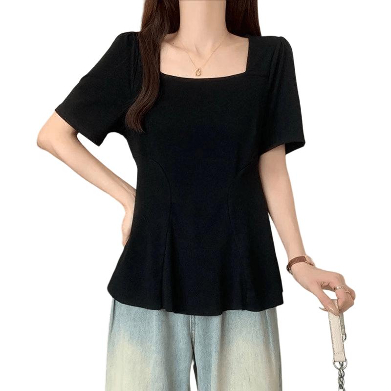 La Chapelle Women s Ruffle Square Collar Slimming T-Shirt L