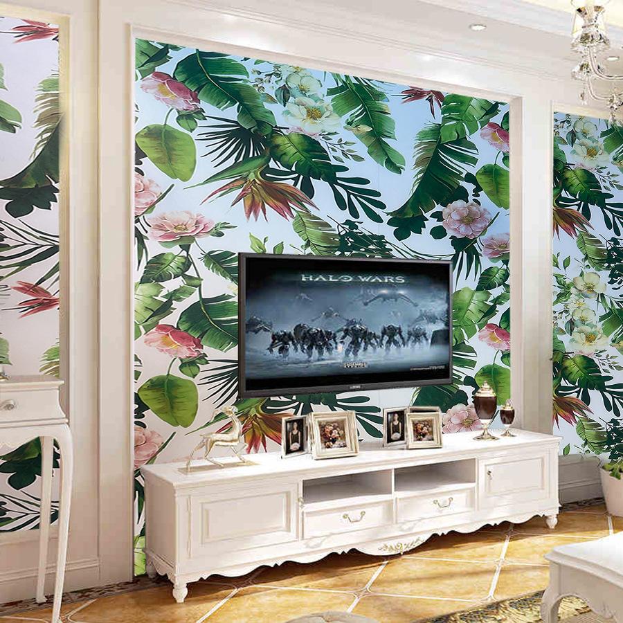 Tropical Rainforest Green Plants Flowers Self-adhesive Wallpaper for Home Decoration Building Materials TV Background Wallpaper