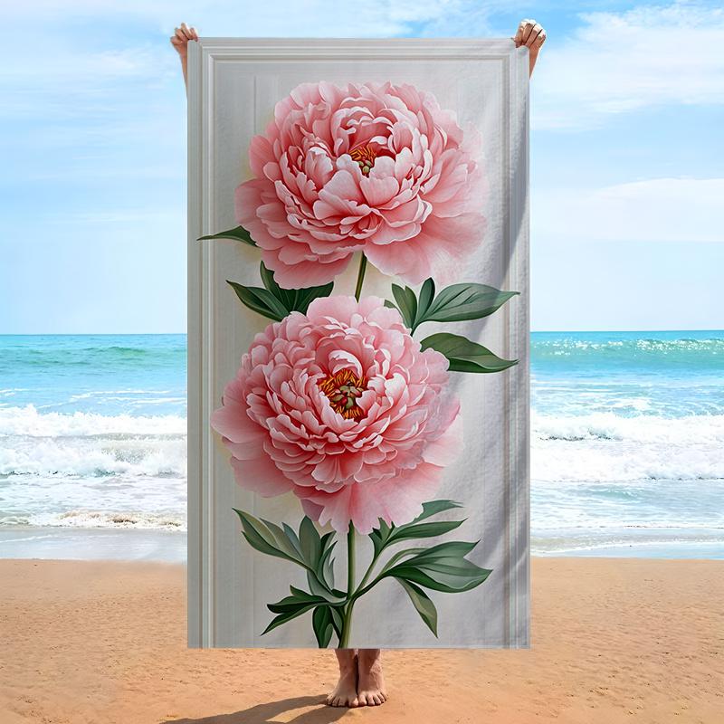 1 Stück Pfingstrosen-Design Strandtuch Elegantes Rosa Blumenmuster Badetücher Weiches Mikrofaser-Gewebe Unisex Übergröße Handtuch zum Schwimmen
