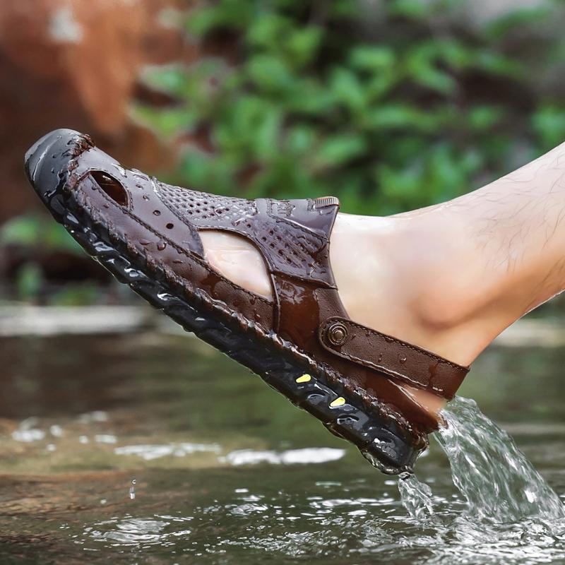 Sandales de randonnée pour hommes Sandales en cuir noir Sandales d'été d'extérieur Sandales romaines à bout large Marron Chaussures de plage Chaussures d'eau Grande taille