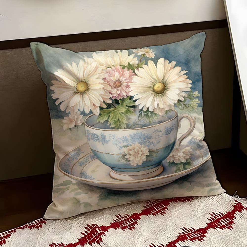 Painting Cup of Flowers Cushion Cover Reversible Soft Durable Pillow Cover Home  Car MultiScene Use for Daily Comfort