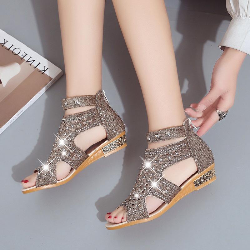 Women Sandals Ladies Wedges Sandals Crystal Fish Mouth Hollow Roma Summer Shoes Fashion Casual Non-Slip Bordered Bling Footweary