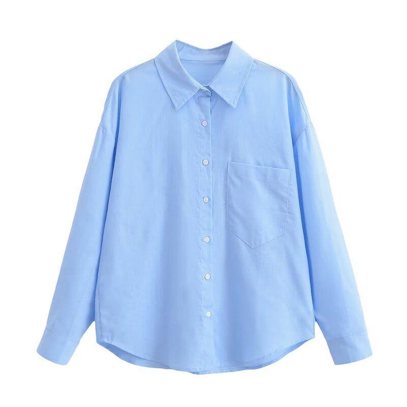 

Fashion Style Spring and Summer Women s Elegant All-Matching Turn-down Collar Long Sleeve Shirt Basic Loose Linen Shirt 8372097 Blue L