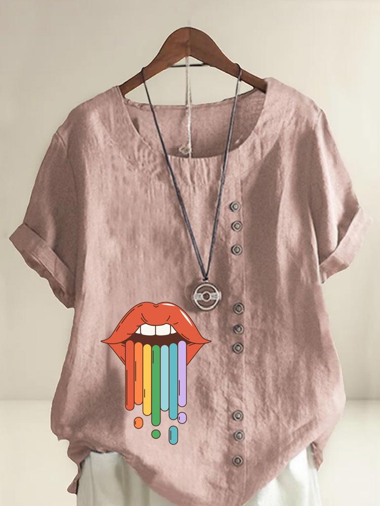 Women s Fashion Lips Rainbow Printing Round Neck Short Sleeve T-shirt Casual Cotton Linen Graphic Shirt Leisure Loose Summer Blouse Tops S