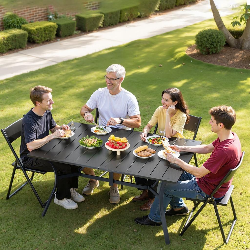Outdoor Patio Dining Table, 150cm Long Rectangular Metal Steel Slat Backyard Bistro Tables for 4-6, with 38mm Umbrella Hole, All-Weather Large