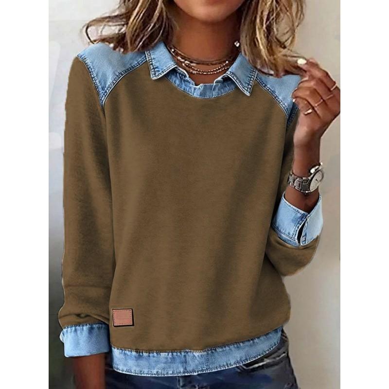 Womens Denim Collar Long Sleeve Knit Sweater Casual Streetwear Top