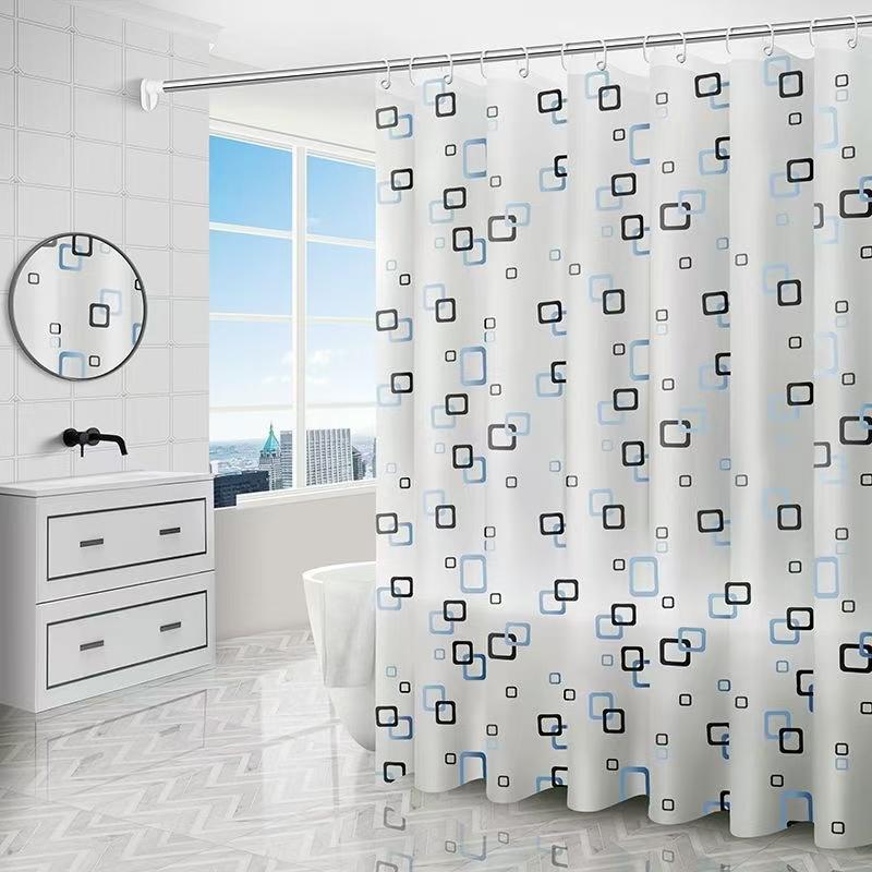 Modern Square Pattern Peva Shower Curtain, Black & Sky Blue Geometric Design Bathroom Decor With 12 Hooks