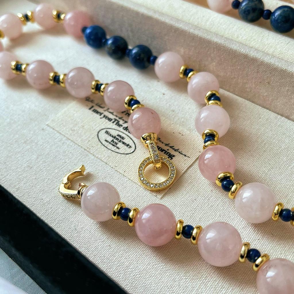 Guofeng Retro Natural Powder Crystal Natural Lapis Lazuli Contrasting Color Design Necklace Women's Neck Chain Collarbone Chain