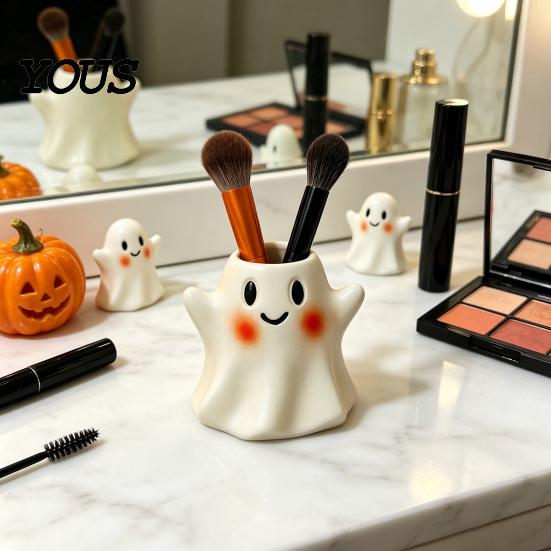 Funny Holiday Gifts for Friends Ghost/Skull Shape Pen Holder, Resin Desktop Organizer, Halloween Gothic Accessories Decorative Storage