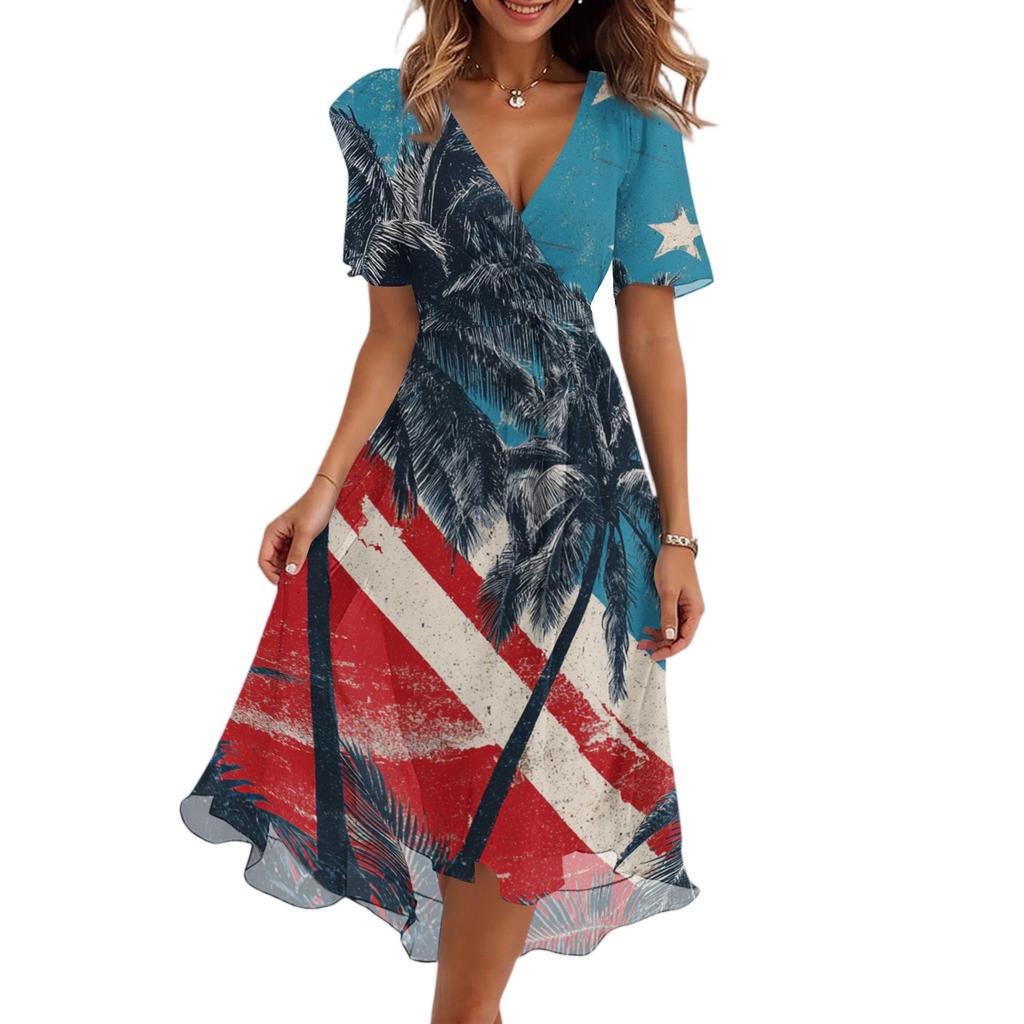 Women's Casual V-Neck Short-Sleeve Independence Day Print Dress