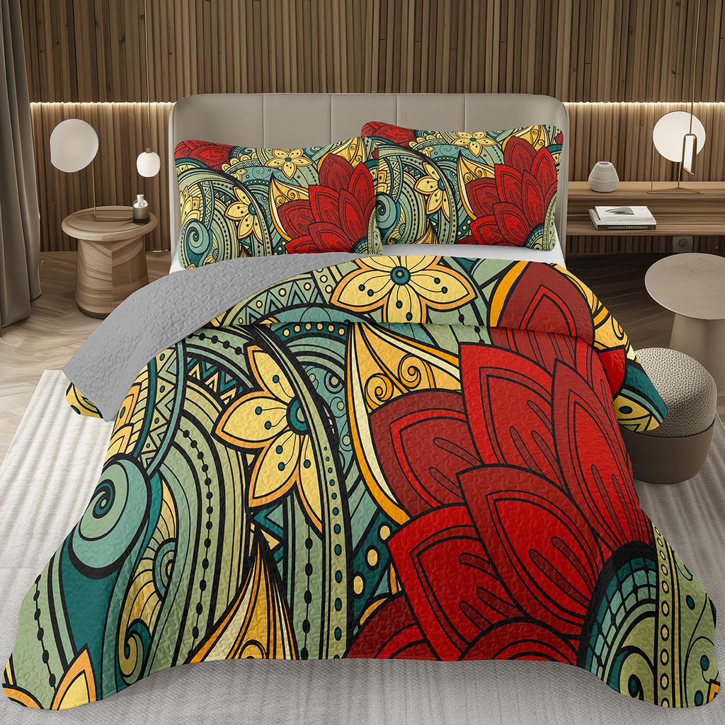 Boho Floral Bedspread Queen/Twin Luxury European Damask Paisley Pattern - Classic & Gorgeous Coverlet Reversible Grey Quilt Set