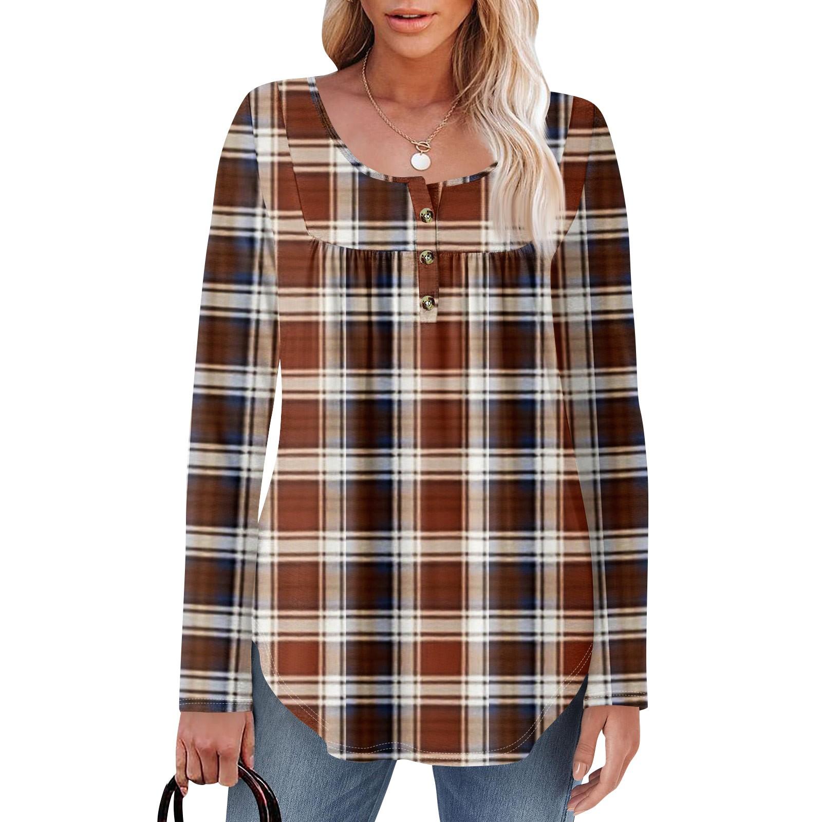 

Women s Long Sleeve Tunic Loose Tops Casual Oversized Tops Pleated Tunic Button Down Casual Women s Print Tops L коричневий