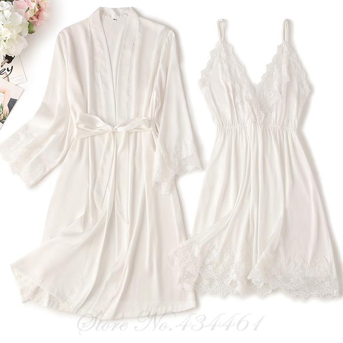 Black Lace Trim 2PCS Robe Nightgown Set Spring Summer Women Sleepwear Nightdress Sexy Bathrobe Underwear Loose Satin Home Wear