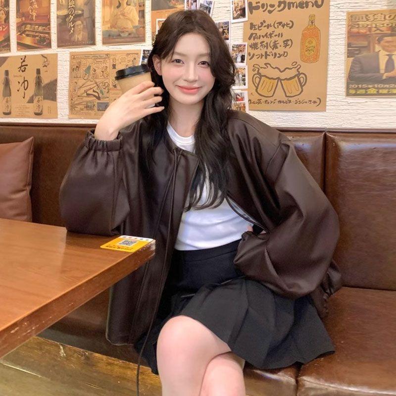 Locomotive Style Leather Jacket Retro Autumn Maillard Loose Leather Jacket Lazy Style Top Jacket Women