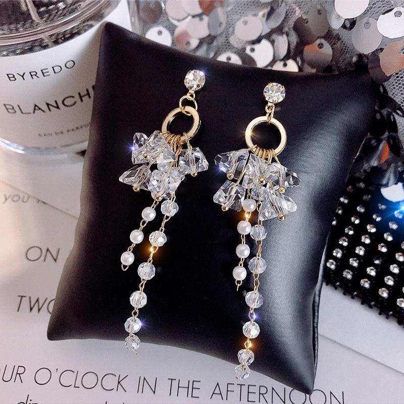 Irregular Crystal Flower Imitation Pearl Tassel Long Drop Earrings for Female Geometric Pendant Ear Wedding Jewelry