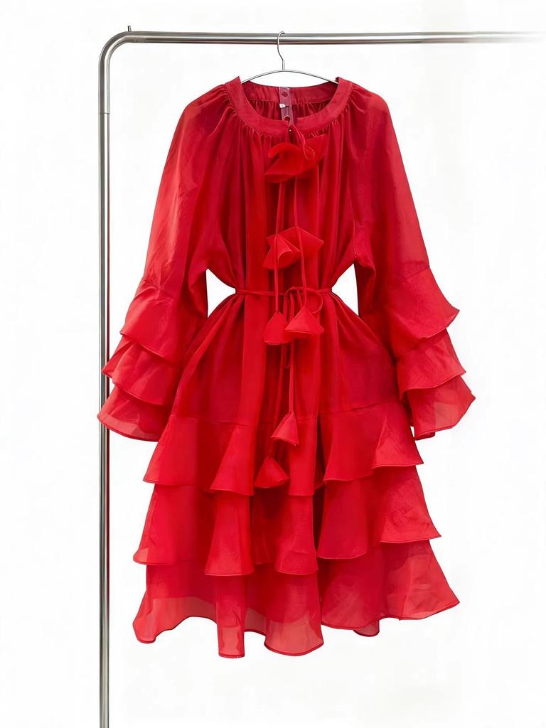 Vietnam Niche Design Multi-layer Ruffle Tie-neck Patchwork Flounce Skirt