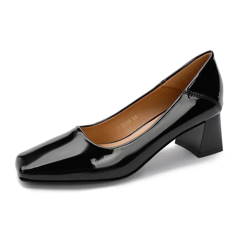 Fashion Thick Heel Square Head Patent Leather Single Shoes 2024 Spring Autumn Medium Heel Black High Heels Commuter Women's Shoes