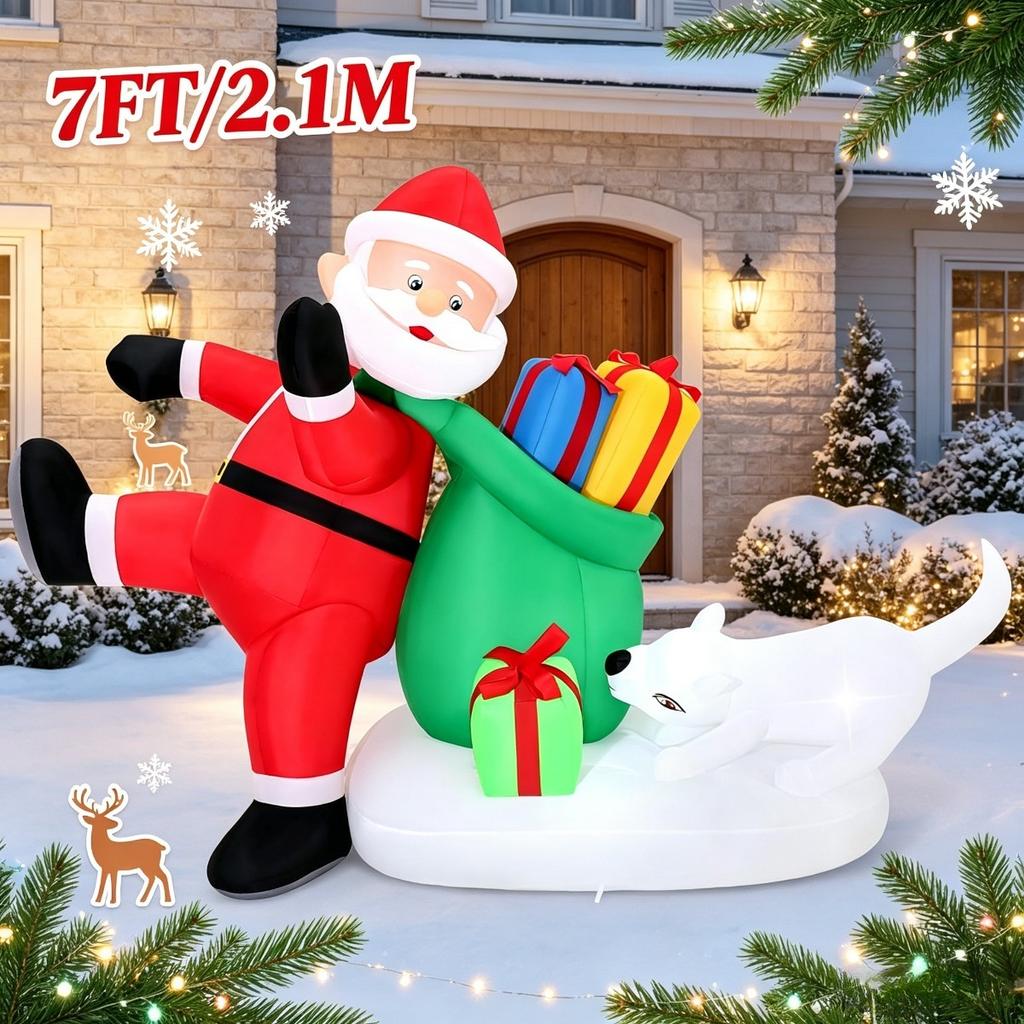 7FT/2.1M Inflatable Santa Claus Leaning on Gift Bag with White Dog, Outdoor Yard Decor