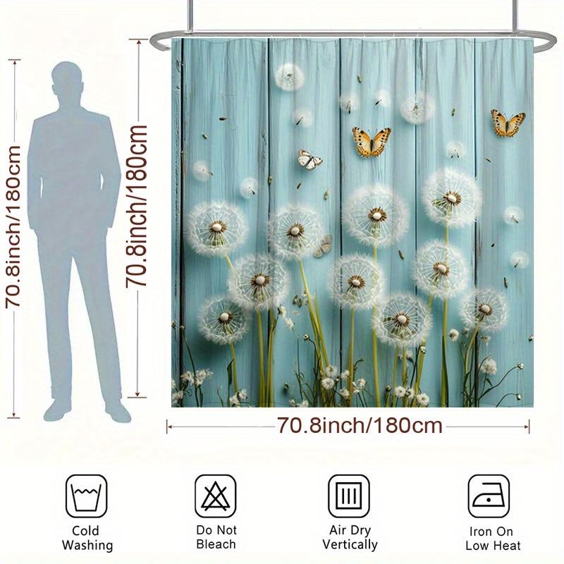 "1pc Dandelions & Butterflies Shower Curtain - Springtime Design, Polyester, Light Blue Floral, Modern Bathrooms