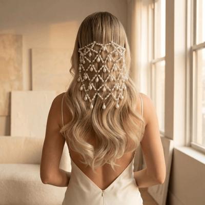 Boho Pearl Mesh Headpiece Luxury Waterdrop Pendant Wedding Hair Comb Elegant Head Chain Beaded Headpiece Wedding Accessories