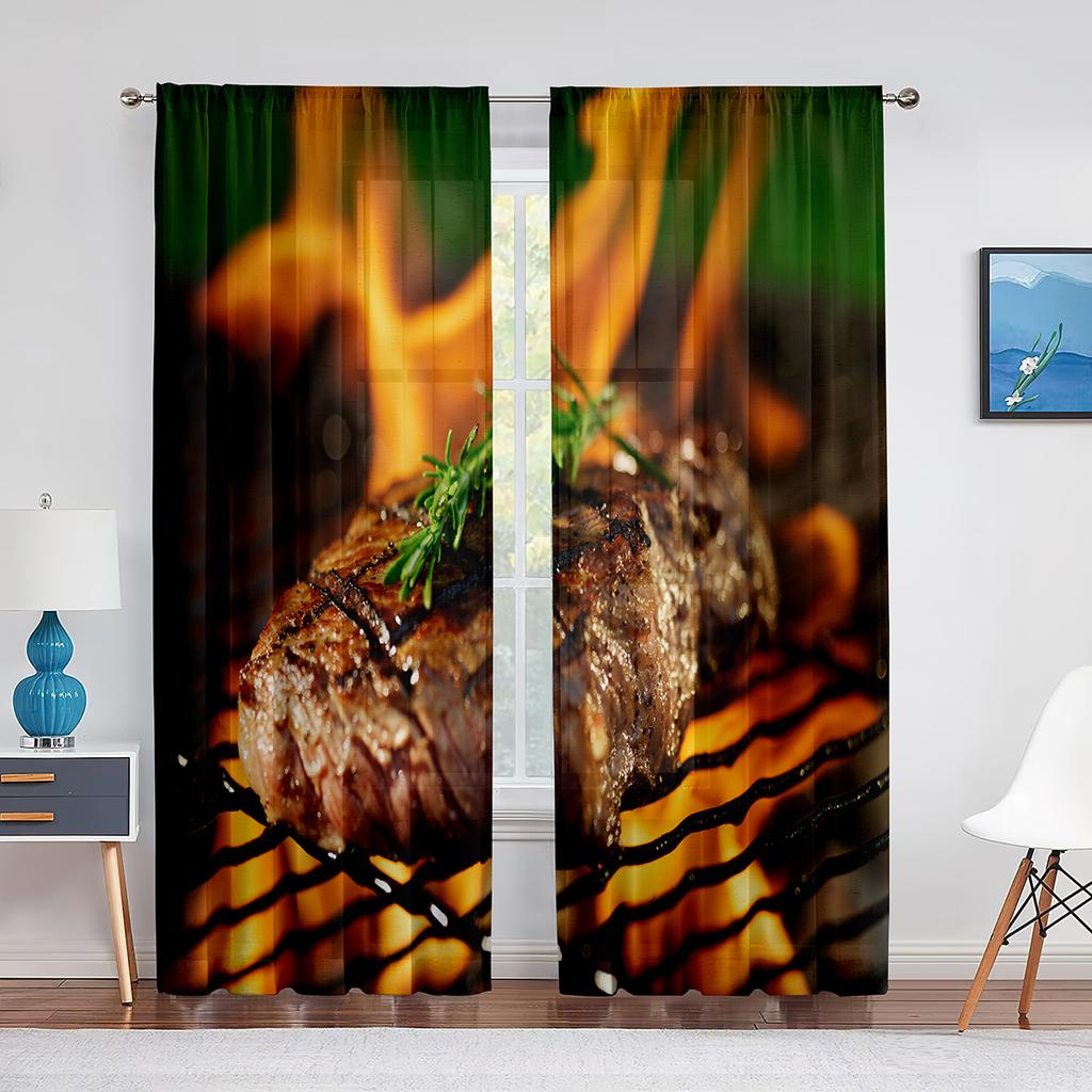 Delicious Steak Beef Food Tulle Curtains for Living Room Bedroom Decoration Modern Chiffon Sheer Voile Kitchen Window Curtain