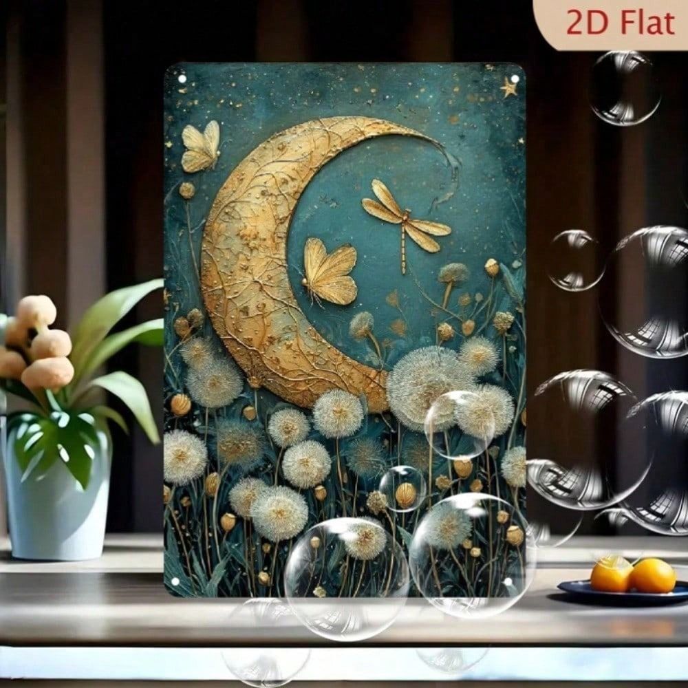 

Metal Wall Art Gold Moon Dandelion 8x12 Inch Butterfly Dragonfly for Living Room