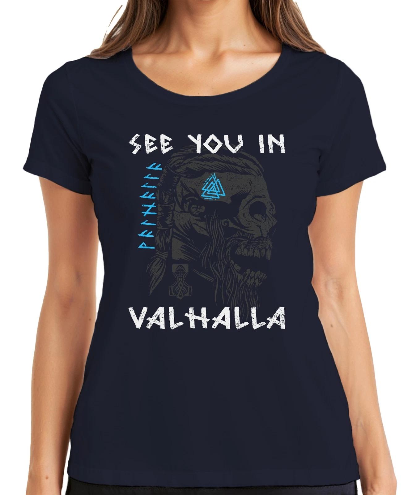 See you in Valhalla Wikinger Totenkopf Mjölnir Runen Mythologie Damen T-Shirt L