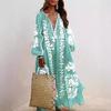 Fließender Saum Bohemian Maxikleid Damen Tiefer V-Ausschnitt Oversized Langarm Strandurlaub Blumendruck Retro Quaste Sommer A-Linien-Kleid