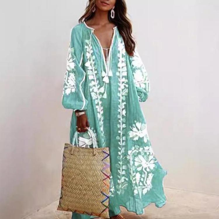 Fließender Saum Bohemian Maxikleid Damen Tiefer V-Ausschnitt Oversized Langarm Strandurlaub Blumendruck Retro Quaste Sommer A-Linien-Kleid