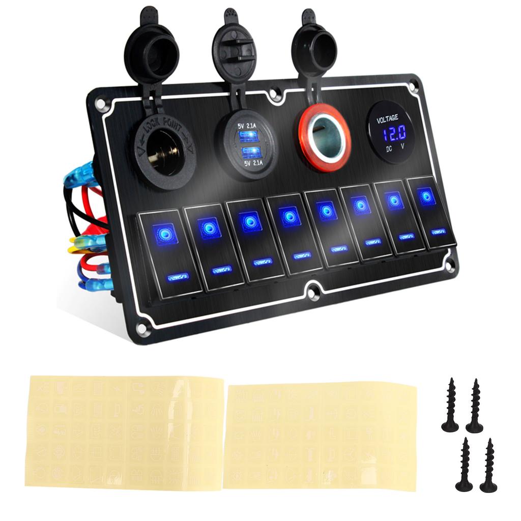 6 Gang Rocker Switch Panel Waterproof DC12V To 24V 20A Blue LED Light 5PIN Overload Protection for Car Yacht RV Bus