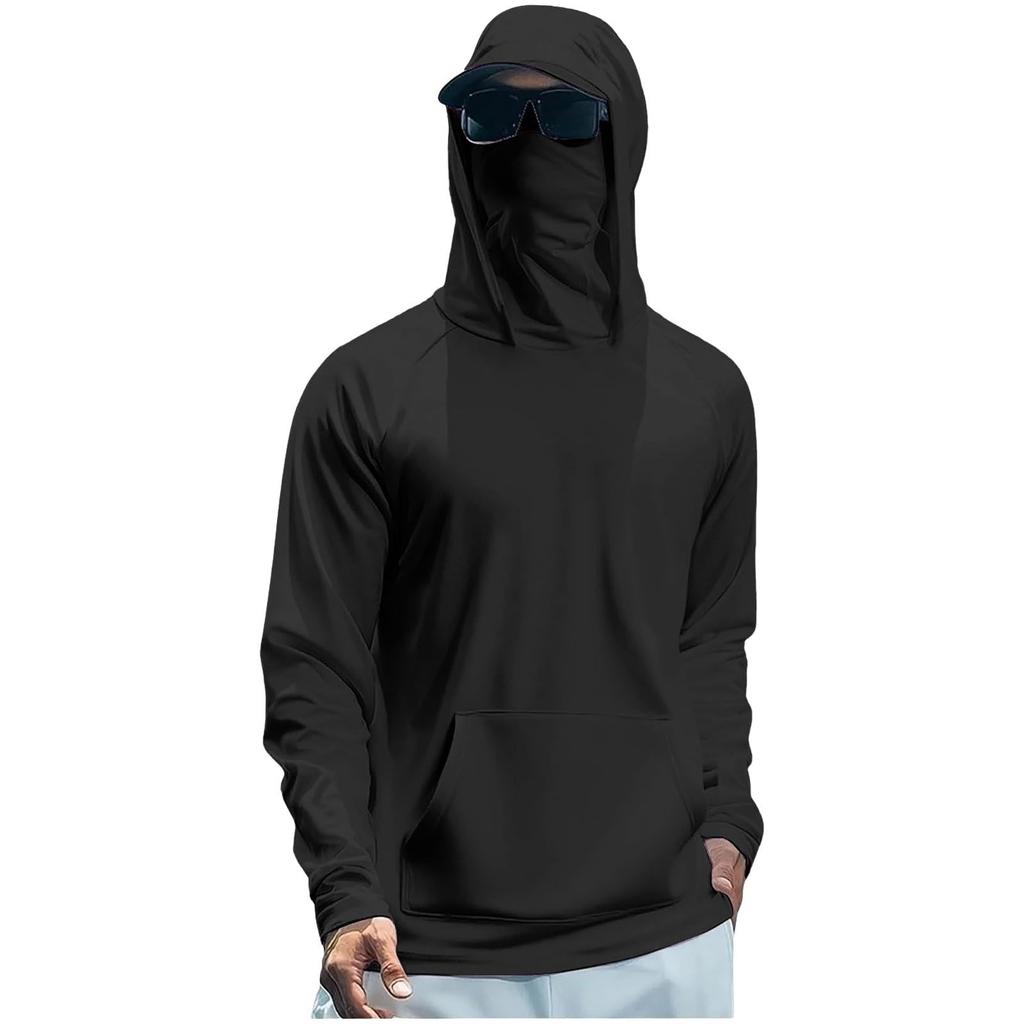Lightweight Long Sleeve Hooded Shirt with Integrated Face Cover Sun Loose Fit Guard Pullover Top for Outdoor Activities