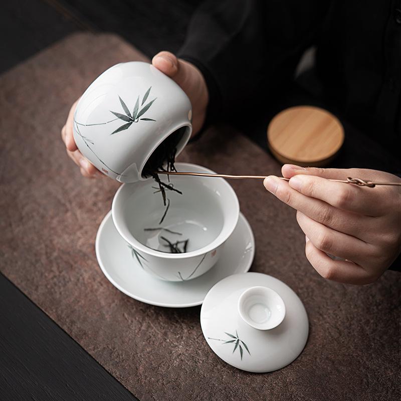 Hand-painted ink bamboo tea can, sealed jar, ceramic storage tea can, moisture-proof household Chinese high-end Pu'er green tea warehouse small
