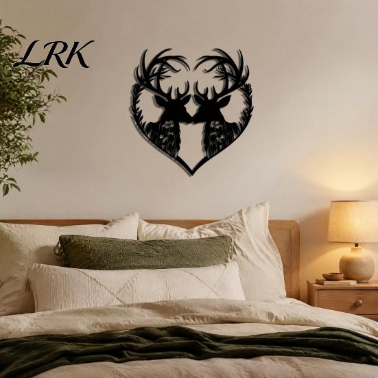 Outdoor Garden Hanging Decorations Metal Deer Heart Wall Decoration, Silhouette Couple Ornaments, Animal Art Decor for Living Room Sculpture