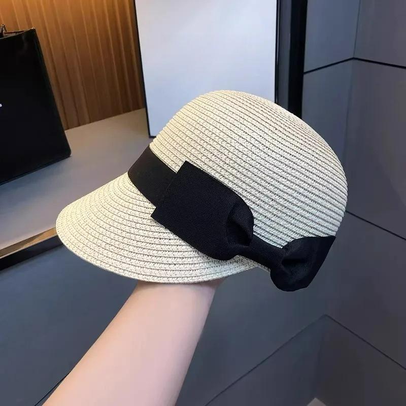 

Fashion Summer Breathable Straw Hat for Women Outdoor Travel Beach Vacation Cap Retro Bow Top Hat Girl French Flat Top Sun Hats