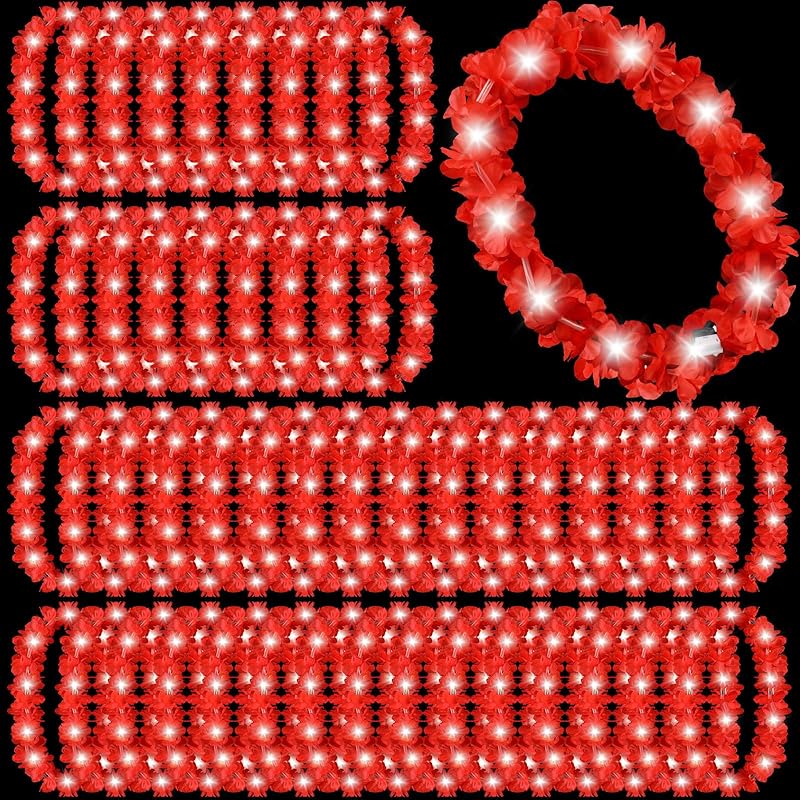 Sherr 48 Pcs LED Hawaiian Leis Light up Flower Leis Necklace with LED Lights Luau Flowers Necklaces for Masquerade Beach Wedding Tropical Themed