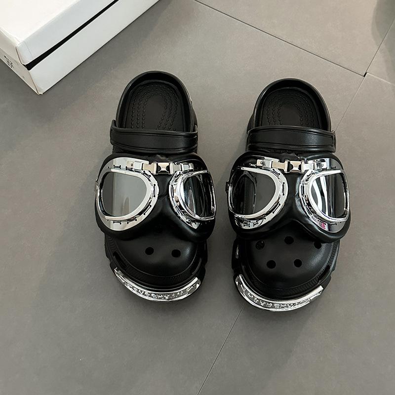 

[BRSO] Парижские туфли с дырками летние панк-стиль на высокой толстой подошве металлические заклепки модные шлепанцы сумка голова сандалии 35-36 чёрный