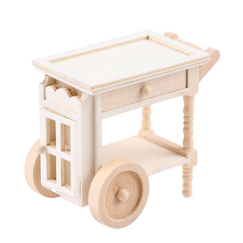 Trolley Dining Cart Kitchen Wooden Furniture Miniature Dollhouse Doll Decor Toy Two Layers