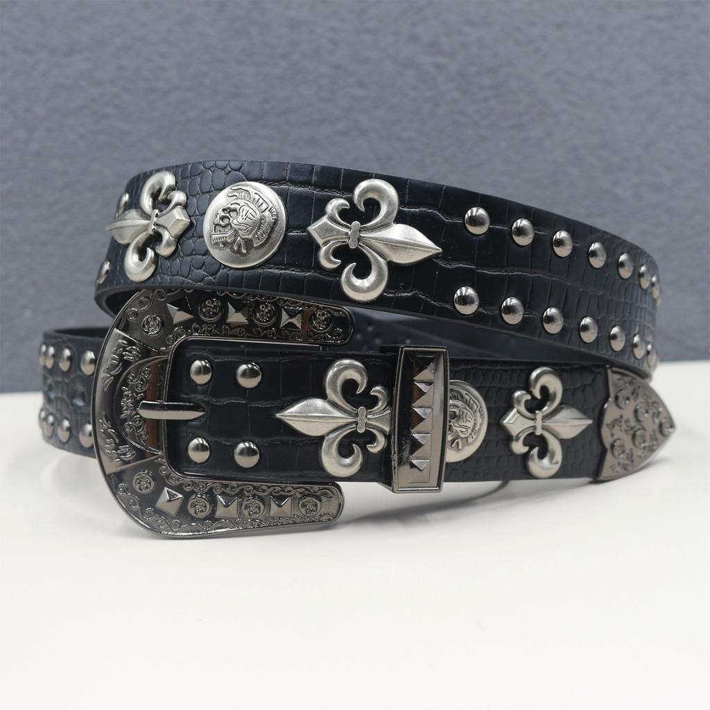 Krokodilmuster Amerikanischer Western Nieten Krähen Accessoires Totenkopf Nieten Gürtel Punk Herren Gürtel Damen Hundert