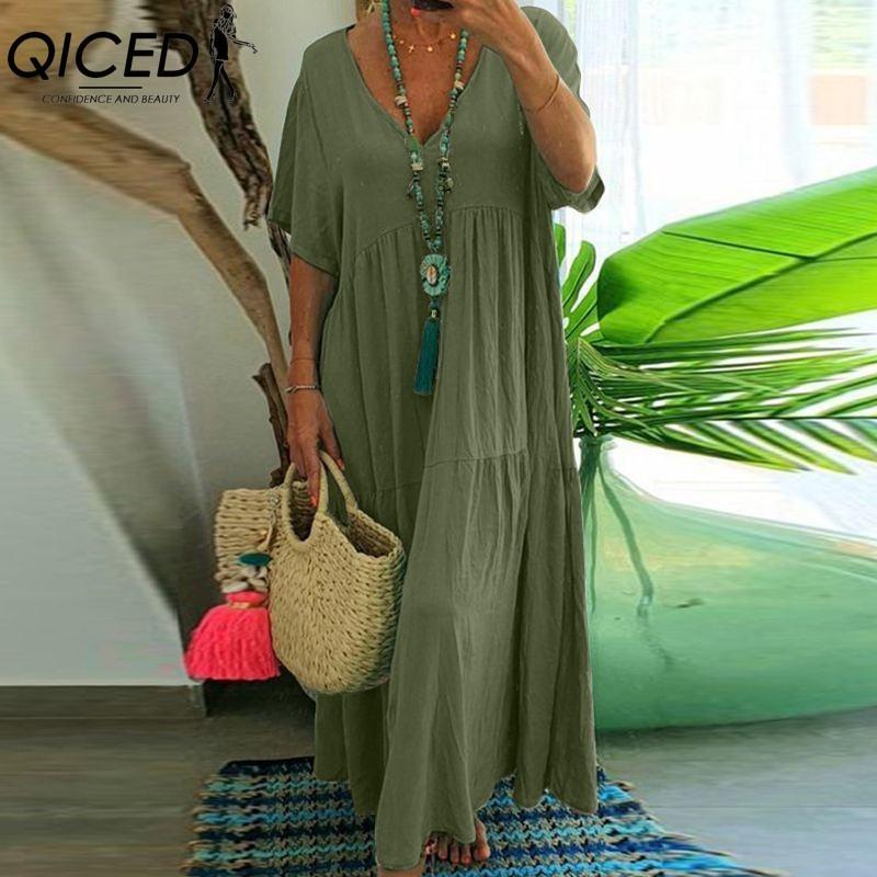QICED Moda damă vară primăvară culoare uni imprimeu mâneci scurte cu decolteu în V talie înaltă rochii casual