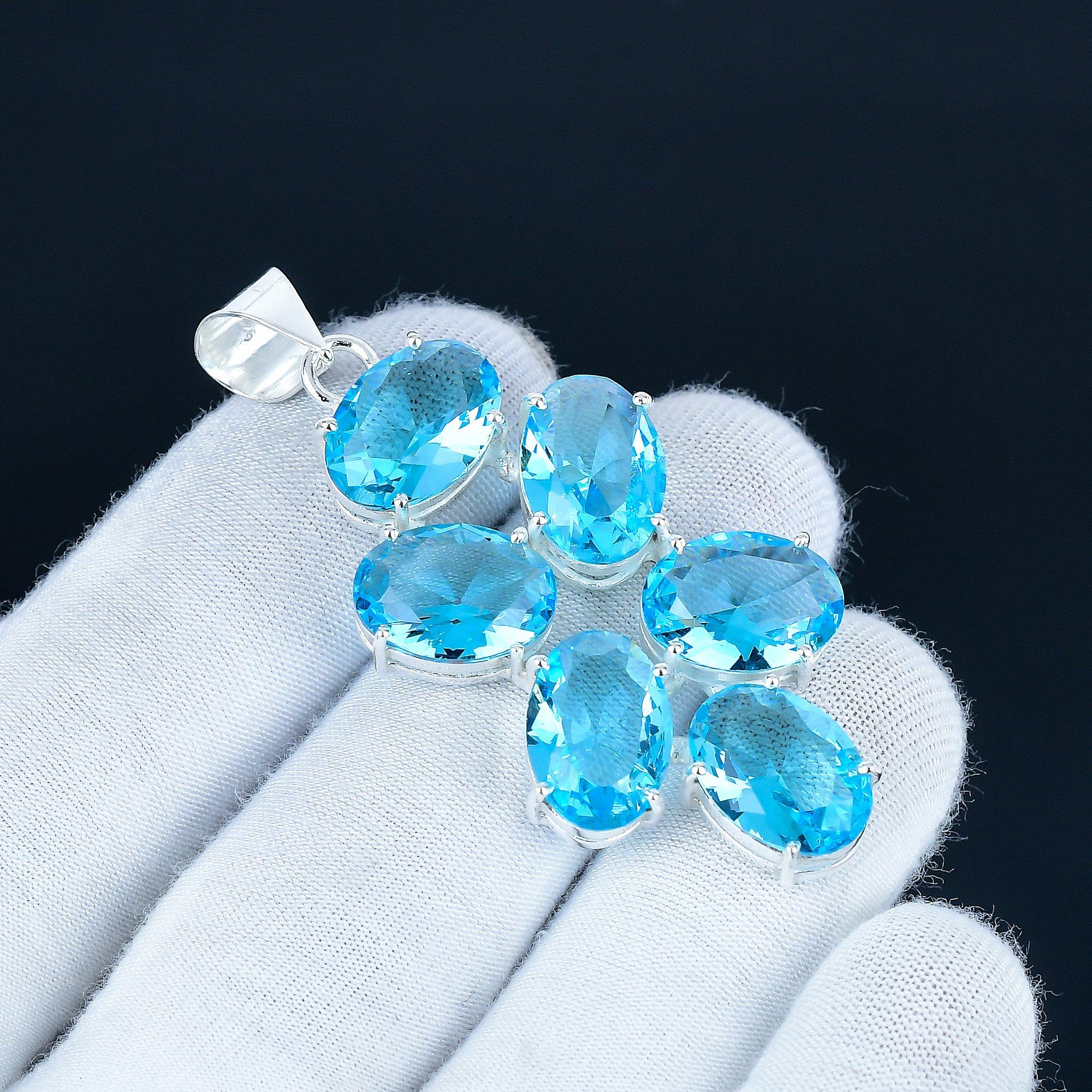 

Кулон с драгоценным камнем голубой топаз из стерлингового серебра 925 пробы - Дизайн ручной работы, Ювелирное украшение на каждый день, Уникальный кулон с голубым топазом в подарок для нее 2.5 синий