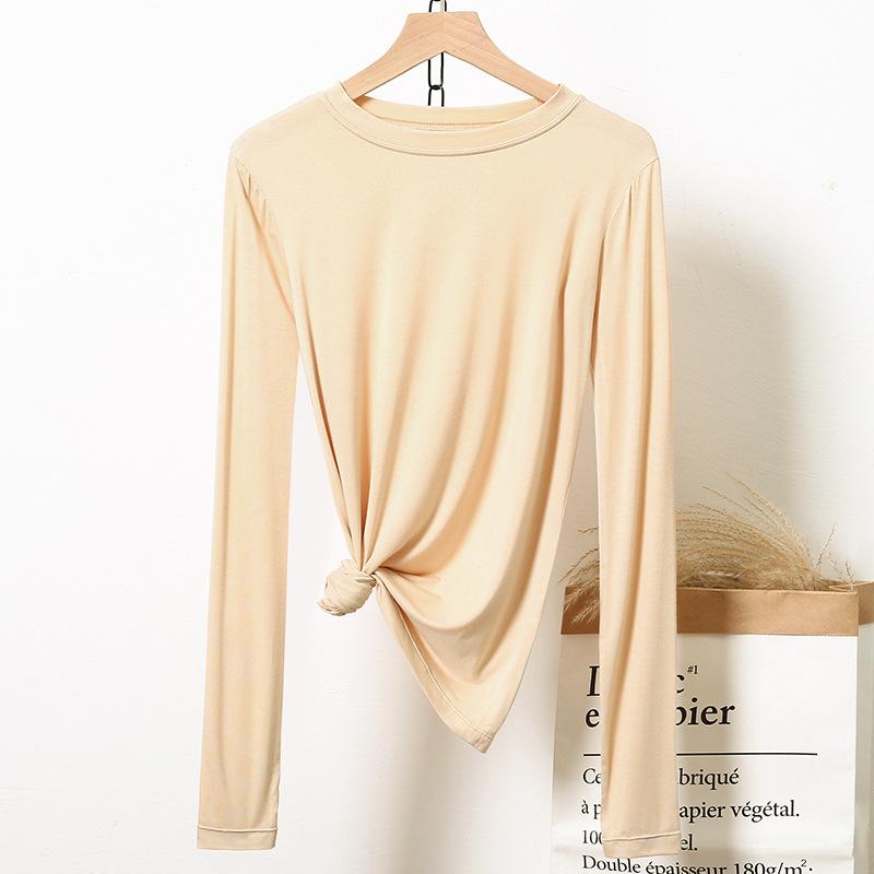 Tricou de damă cu mâneci lungi, cu gât rotund, cămașă versatilă cu fund în interiorul topurilor subțiri de mărime mare