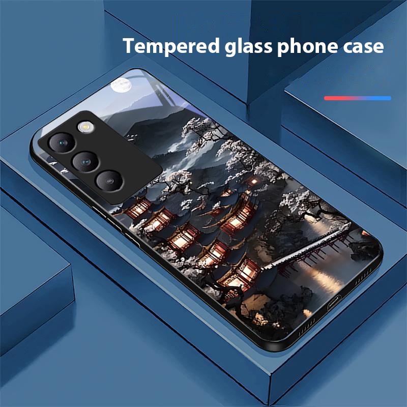 Gebäude im alten Stil für Y72 33S 11 03 36 96 Lite 35 16 Iqoo 12 V40 SE 5G 29 40 21 30 X80 Pro Vivo Handyhülle aus gehärtetem Glas Schwarz