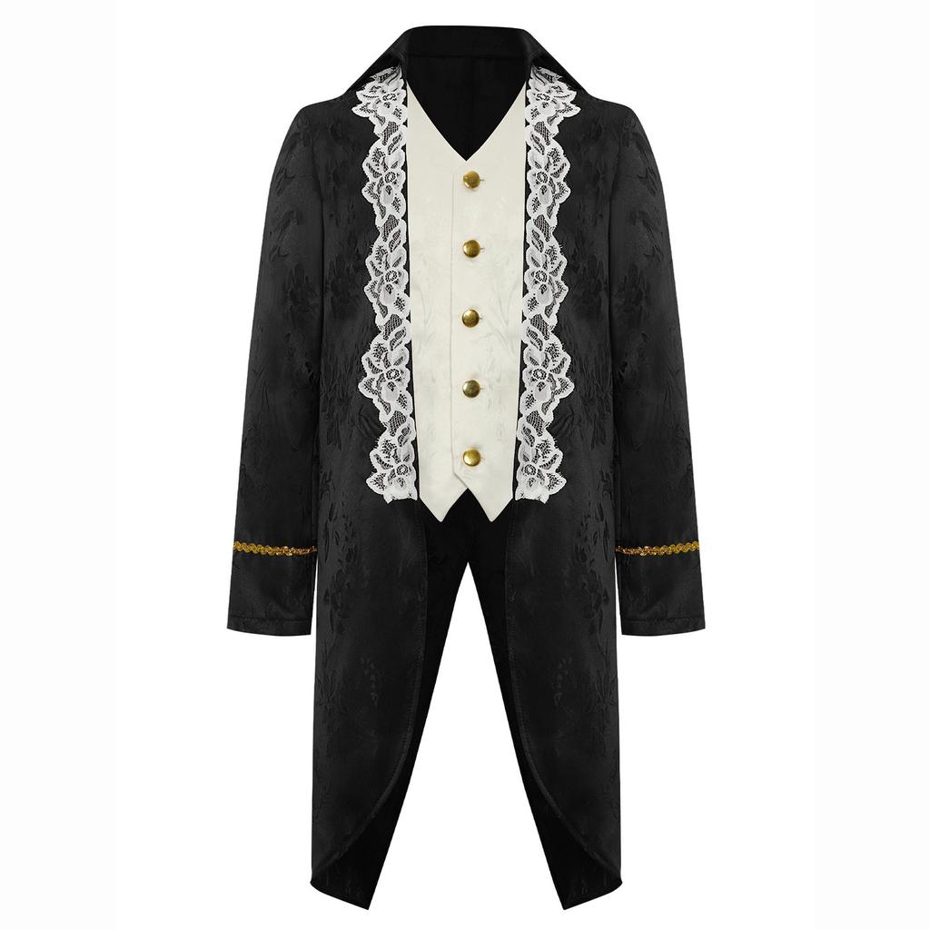 Boys Medieval Renaissance Victorian Jacket Turn Down Collar Long Sleeves Fake Two In One Lace Embroidery Tailcoat