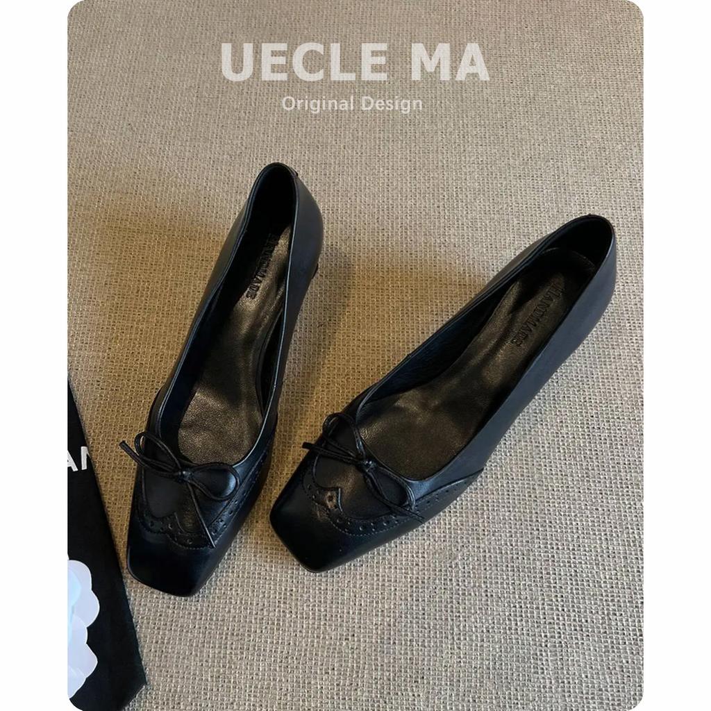 Sheepskin French Single Shoes Women's Square Head Black Work Shoes Thick Heel Bow Beautiful Not Tired Feet Leather High Heels