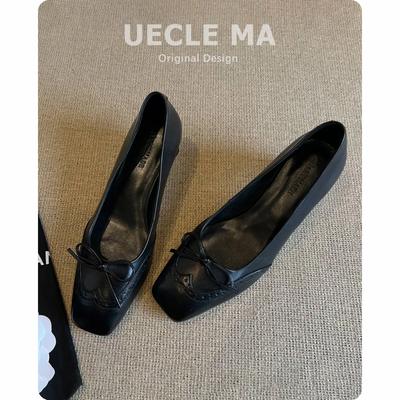 Sheepskin French Single Shoes Women's Square Head Black Work Shoes Thick Heel Bow Beautiful Not Tired Feet Leather High Heels