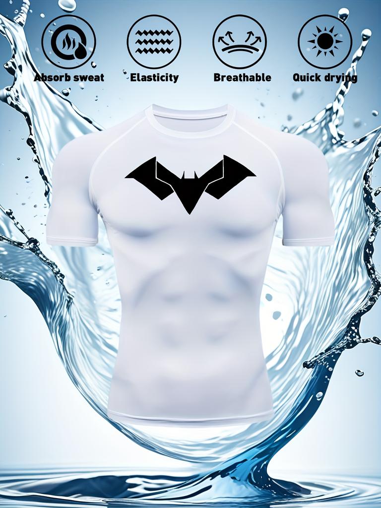 Mens White Compression Short Sleeve T-Shirt Black Bat Logo Graphic Absorb Sweat Quick Dry Breathable High Elasticity Gym And Running Athletic Top