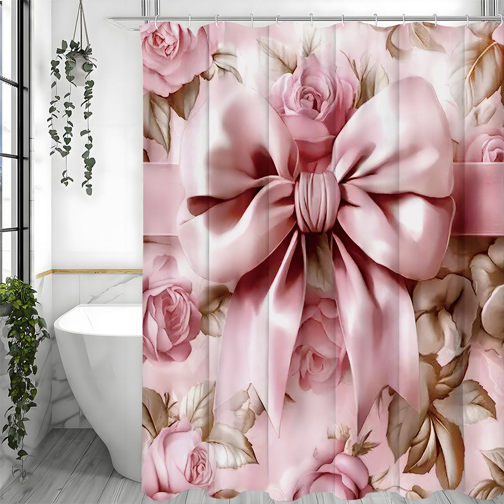 Pink Bow Rose Floral Shower Curtain, Bathroom Decorative Shower Curtain, Waterproof Shower Curtain with Hooks